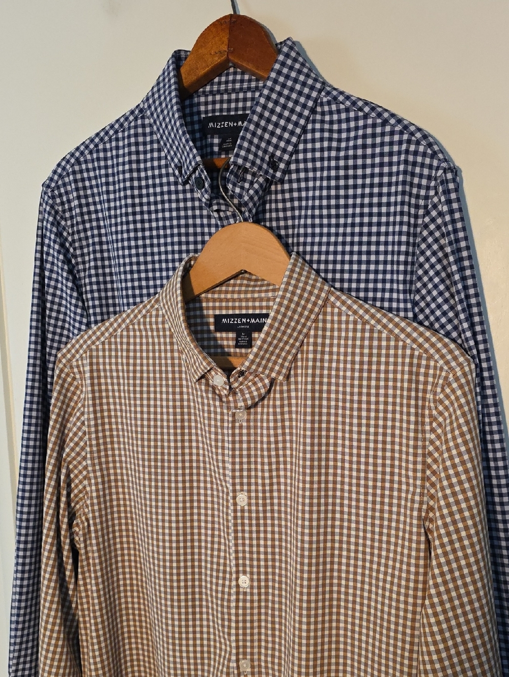 Two Mizzen+Main Medium Men's Navy Check and Brown Gingham Button-Down Shirts